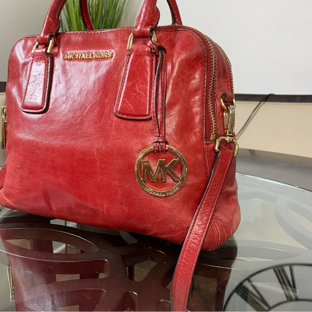 Michael Kors Alexis Medium Leather Satchel Caramel Red
